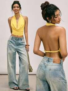 Blusa elegante y sexy de mujer con cuello drapeado y espalda descubierta de unicolor - amarillo ganso - Ver 1