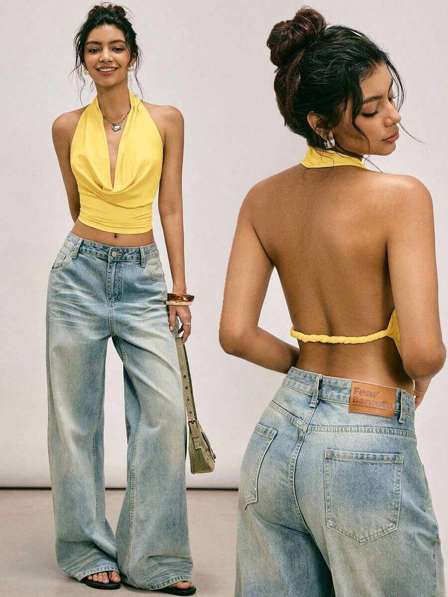 Blusa elegante y sexy de mujer con cuello drapeado y espalda descubierta de unicolor - amarillo ganso - Ver 1