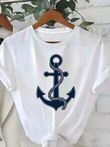 Sommaroutfit för kvinnor - T-shirt med nautiskt ankartryck - Vit & Marinblå maritim t-shirt, mjukt och luftigt tyg för strand, båtturer, vardagsbruk - Sjömanspresenter för kvinnor, kryssnings-t-shirts, båtkläder, knutdetalj, lätt t-shirt, stilren blus, sjömansstil för älskare. Lös och bekväm - Bekväma vardagstoppar - J kleid damen - Weiss - Visa 1
