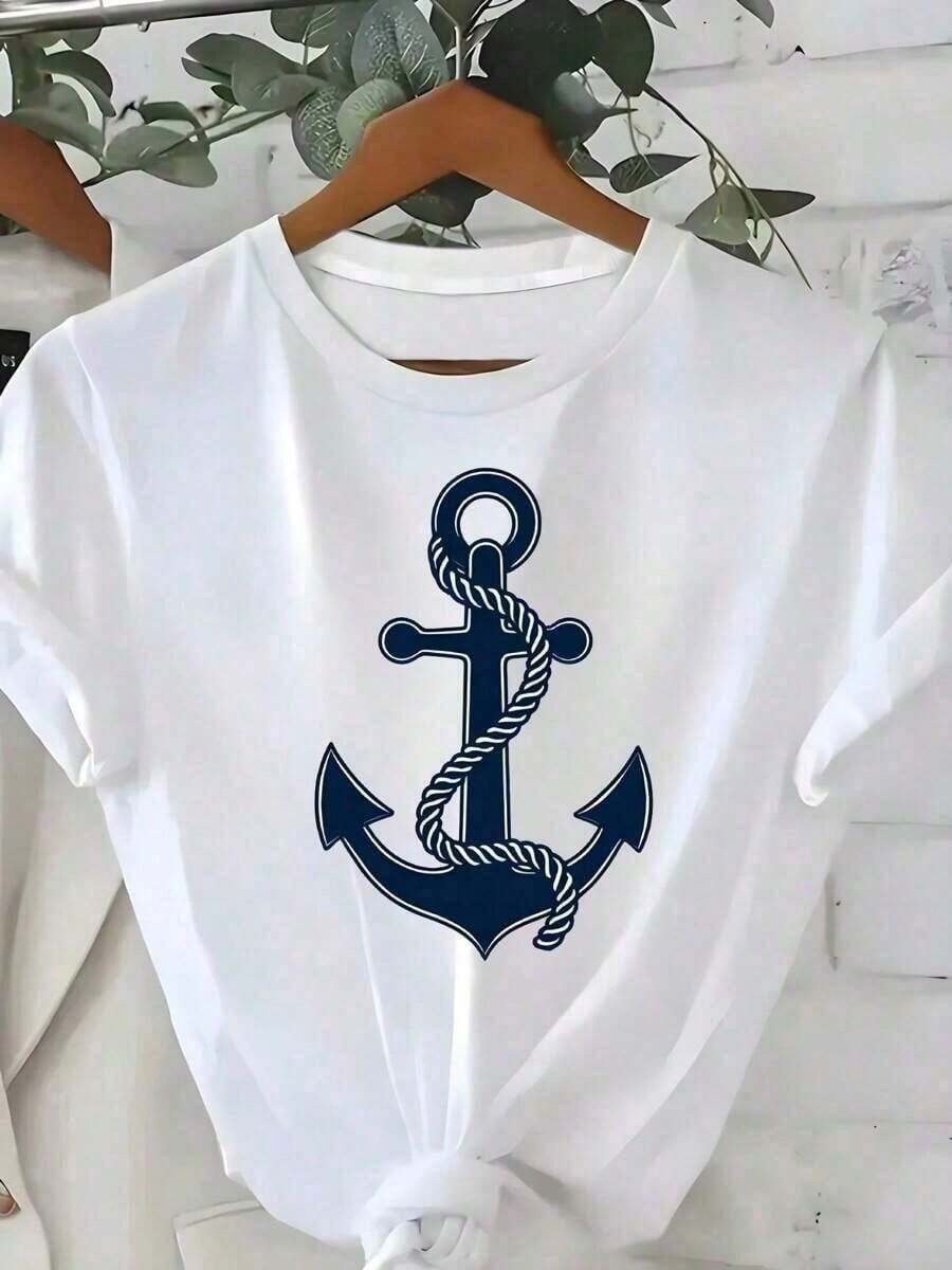 Sommaroutfit för kvinnor - T-shirt med nautiskt ankartryck - Vit & Marinblå maritim t-shirt, mjukt och luftigt tyg för strand, båtturer, vardagsbruk - Sjömanspresenter för kvinnor, kryssnings-t-shirts, båtkläder, knutdetalj, lätt t-shirt, stilren blus, sjömansstil för älskare. Lös och bekväm - Bekväma vardagstoppar - J kleid damen - Weiss - Visa 1