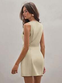 Vestido casual de verano de mujer de mini longitud, de un solo botón, cuello redondo y sin mangas, de unicolor - Albaricoque - Ver 2