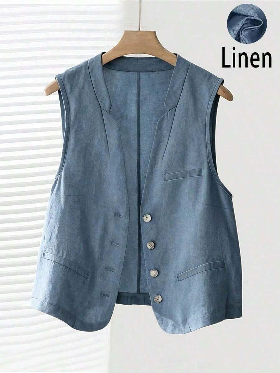 Chaleco corto de lino casual para mujer, color blanco, para primavera y verano - Niebla azul - Ver 1