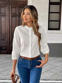 Blusa de mujer con botones, bordados y encaje de algodón estilo francés - Blanco - Ver 8