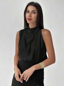 Camisa de color albaricoque con detalle asimétrico de volantes elegante para mujer, a la moda para el trayecto al trabajo, la oficina, el uso diario, las vacaciones y los festivales de música, primavera/verano - Negro - Ver 5