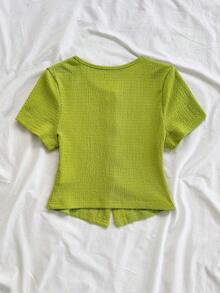 Blusa casual de mujer con manga corta, bordado de malla y lazo con botón - Verde 2 - Ver 2