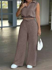 Conjunto casual versátil de blusa sin mangas con cuello vuelto y pantalones largos casuales con cintura elástica y cordón - Marrón oscuro - Ver 1