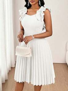 Vestido mini de fiesta con estampado floral y pliegues a la moda para mujer - Blanco - Ver 4