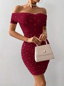 Vestido ajustado para mujer con hombros abiertos, manga corta y adornos con cuentas - Burdeos - Ver 4
