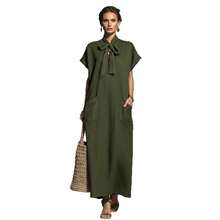 Vestido Midi Casual para Mujer 2026, Verde Militar, Sólido, con Lazo en la Cintura y Manga Corta - Albaricoque - Ver 7