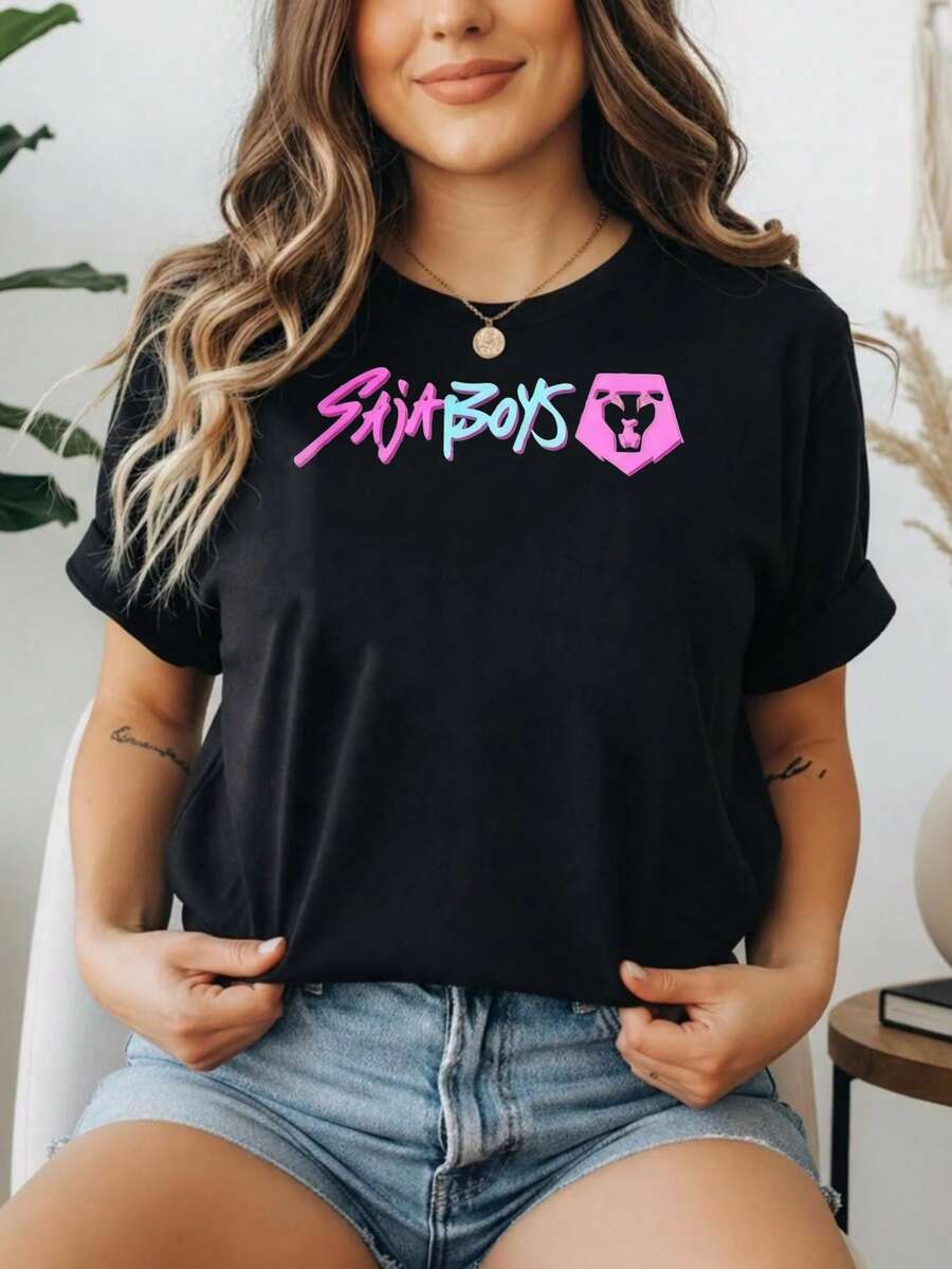 1 Piece 180g Women's Cotton Shirt, Oversized Short Sleeve Round Neck With Print For Daily And Street Wear, Designed By Y2K Artists In The Bababask Style - 黑色10 - 查看 1