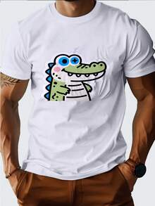 Camiseta de Hombre con Estampado de Cocodrilo de Dibujos Animados, Camiseta de Manga Corta con Estampado Animal para Adultos, Casual y Elegante - Blanco - Ver 4
