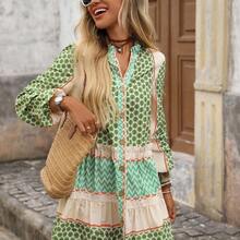 Women's Floral Wavy Striped Single-Breasted Lantern Sleeve Casual Mini Dress, Boho Dress Women, Summer Long Sleeve Dress, 70s Dress, Cottagecore Dress, Italian Summer Dress,Bohemian,Boho Chic,Boho Women Clothing,Western Wear Women,Western,Fall Clothes For Women,Fall Dress,Halloween Clothes Women,Going Out Outfits,Old Money Style Women,Old Money Dress, - Verde - Ver 4