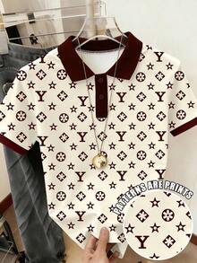 Camiseta de manga corta con media cremallera y estampado de letras casual para mujer, de verano - Multicolor - Ver 6