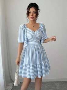 Elenzya Vestido de primavera y verano de talla media con rayas azules y blancas, manga corta, elegante y casual, con cintura ajustada para mujeres - Azul - Ver 4