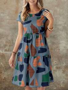 Vestido de mujer de manga corta con cuello redondo y estampado geométrico de verano - Multicolor - Ver 7
