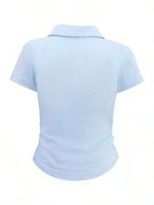 Camiseta de manga corta minimalista de unicolor para mujer, uso casual de todos los días - Celeste - Ver 2