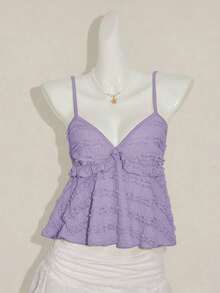 Blusa de tirantes de mujer con volantes de tela texturizada de unicolor para el verano y vacaciones - Púrpura malva - Ver 4