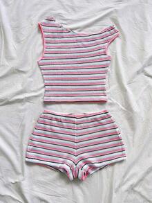 Eduarda Gutierrez  Conjunto de 2 piezas para mujer con top corto de punto a rayas y shorts ajustados de tiro súper bajo, atuendo adecuado para vacaciones, fiestas, Navidad, San Valentín, citas, playa, crucero, carnaval, Pascua, Año Nuevo Chi - Multicolor 5 - Ver 6