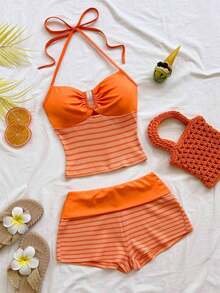 2 piezas Conjunto de camiseta de tirantes y pantalones cortos de punto a rayas con hebilla de metal, estilo casual de vacaciones, adecuado para fiesta, San Valentín, cita, discoteca, bohemio, vacaciones, otoño, ropa de mujer, vintage, días fest - Naranja - Ver 4