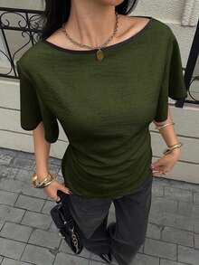 Camisa casual de mujer con ribete de contraste en la cintura y manga corta, para verano - Verde militar - Ver 3