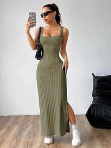 maxi informal sin mangas con abertura lateral, atuendo de mujer - Verde militar - Ver 4