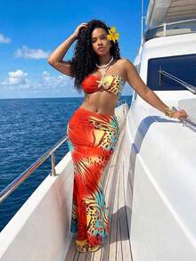 Falda plisada con estampado para mujeres, - Naranja - Ver 4