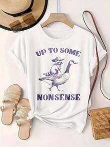 Camiseta Casual con Estampado Moderno para Mujer, Diseño "Up To Some Nonsense Raccoon Duck", Adecuada para Todas las Temporadas  
 Negro - Blanco - Ver 2