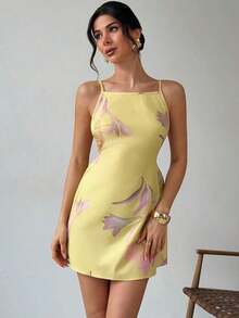 Vestido casual de mujer con estampado floral amarillo, de tirantes finos y espalda descubierta, vestido suelto de estilo hawaiano para vacaciones, vestidos de verano amarillo mantequilla para mujeres - Multicolor - Ver 3