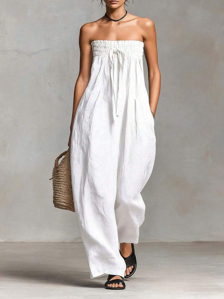 Nueva colección primavera mono sin tirantes strapless con lazos ajustables diseño fruncido elegante moda estilo europeo para mujer - Blanco - Ver 1