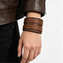 1pc Vintage Multilayer Distressed Leather Bracelet, Men's Business Casual Fashion Accessory - Brown - View 1