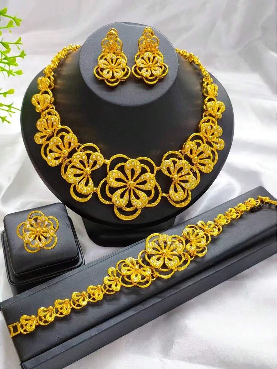 Bộ trang sức mạ vàng thời trang hình hoa: Dây chuyền, vòng tay, nhẫn, bông tai, phong cách Ả Rập Xê Út, Trung Đông, Dubai, Châu Âu, Châu Phi. Thích hợp cho cô dâu, đám cưới, tiệc tùng, hẹn hò, Ngày của Mẹ, Ngày Valentine, quà sinh nhật, trang sức hợp kim dành cho mẹ, chị em gái, bạn gái. - Vàng - Xem 1