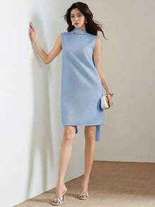 Vestido elegante de oficina con cuello drapeado para mujer - Azul - Ver 3