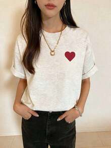 Nuevo Estilo de Verano 2026, Camiseta de Mujer de Cuello Redondo, Manga Corta Casual con Estampado de Corazón, 100% Algodón, Talla Grande, Ideal para Salir, Viajar y Uso Diario en la Calle. - Albaricoque - Ver 9
