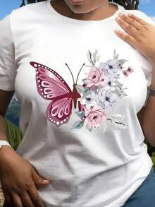Camiseta de mujer moderna, informal, para fiestas y para estar en casa, 100% algodón, corte holgado. Camiseta de Mujer Blanca Casual con Estampado de Mariposas y Flores, Cuello Redondo - Cor - Blanco - Ver 2