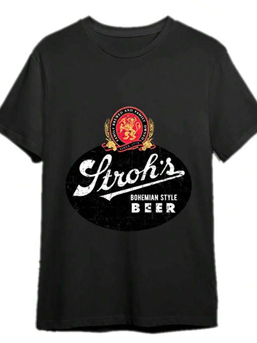 Men's T-Shirt With Strohzeugs Beer Logo - Casual Short-Sleeved Cotton T-Shirt In Bavarian Style With The Beer Brand Logo, Machine Washable, With A Round Neck, Suitable For Year-Round Wear And German-Themed Parties. Loose And Comfortable Fit. - Black - View 1