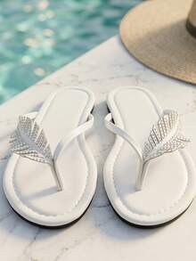 New Summer Rhinestone Leaf Flat Flip Flops, Versatile Comfortable Casual Wear, Suitable For Beach, Vacation - White - View 2