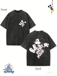 Men's Disney Black Washed Mickey Tee, Dark Street Style, Loose Fit, Premium Cotton Casual Top. - 黑色 - 查看 1