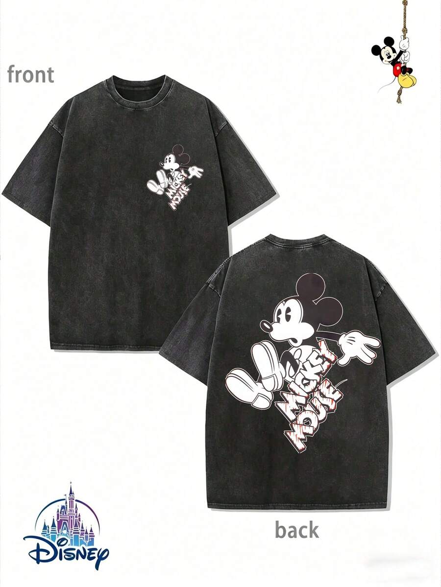 Men's Disney Black Washed Mickey Tee, Dark Street Style, Loose Fit, Premium Cotton Casual Top. - 黑色 - 查看 1