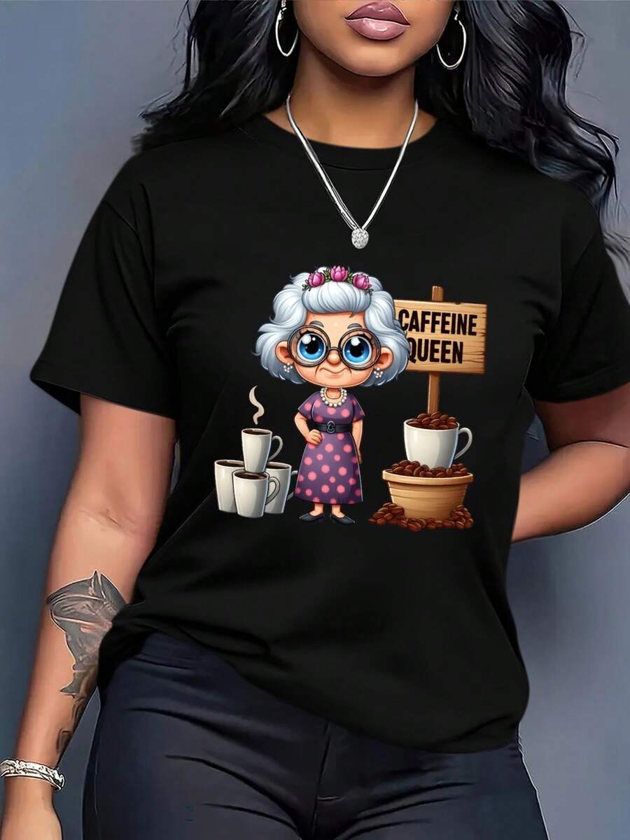 Talla Grande - Camiseta Divertida con Estampado de Amante del Café para Mujer - Camiseta Suave y Transpirable de Corte Holgado con Texto "Reina del Café" - Camiseta Casual de Uso Diario para Mujer - Regalo Perfecto para Amantes del Café y Abuelas - Top Casual para Todas las Temporadas, Ropa Casual, Estampado de Dibujos Animados, Material Cómodo, Camiseta de Manga Corta, blusas para mujer, Camisetas Gráficas de Verano para Mujer, Camiseta Casual Estampada para Mujer, Manga Corta y Cuello Redondo, Moda Urbana Local de Primavera/Verano. - Negro - Ver 1
