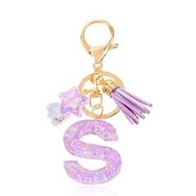 1 Pc Cute Purple Glitter Letter Keychain, Initial Resin Keyring With Tassel & Star Charm, Fashion Aesthetic Purse & Car Key Accessory - Purple - View 16