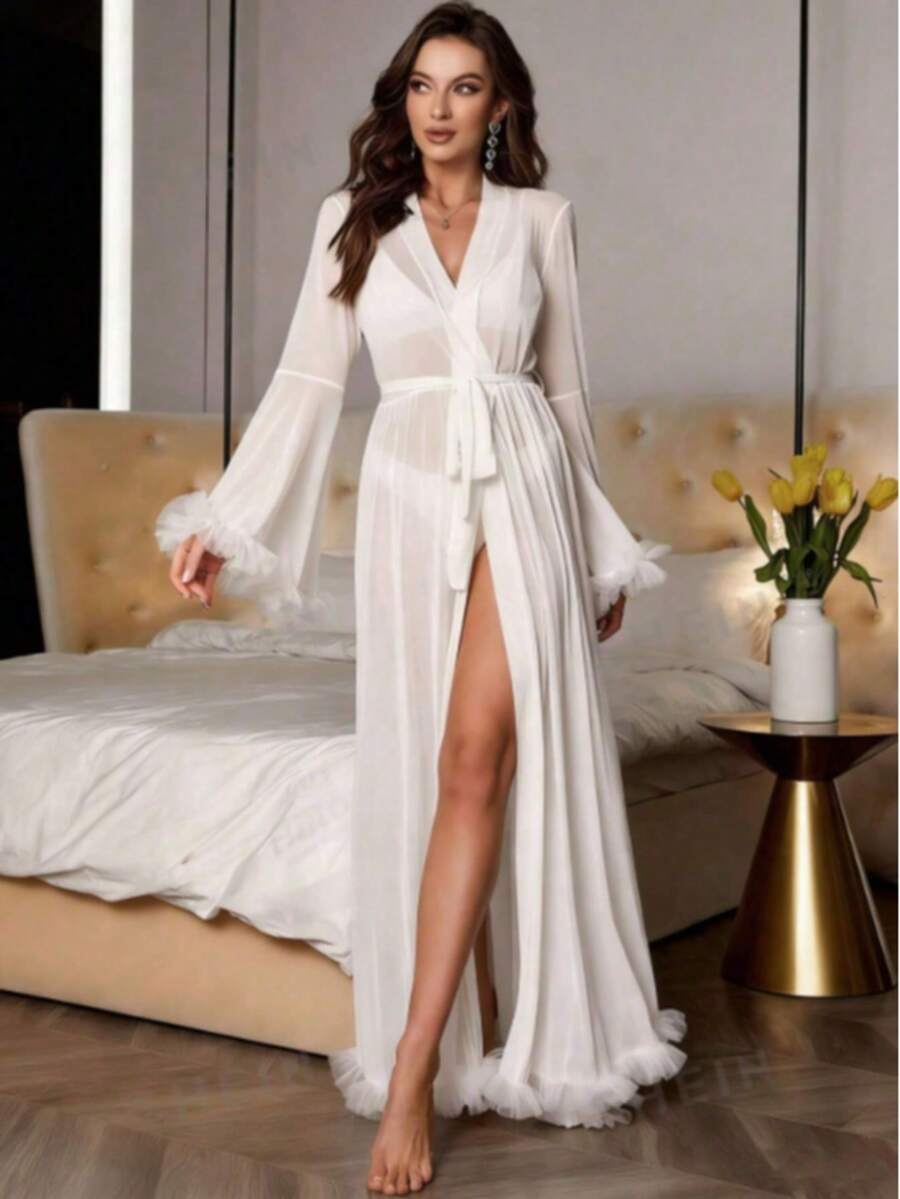 Áo ngủ dài tay bằng lụa giả viền lông vũ mới, có dây buộc, đồ mặc nhà thoải mái dành cho nữ. - Nhiều màu - Xem 1