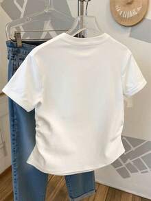 Camiseta casual de mujer con estampado digital a rayas y cordón en la cintura, un gran regalo para amigos - Blanco 2 - Ver 2