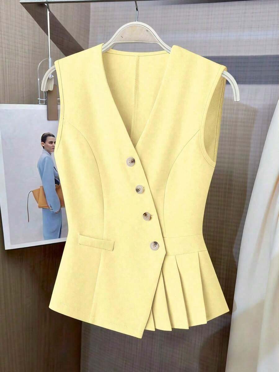 Chaleco elegante y romántico de mujer con unicolor, plisado, asimétrico, con botones y cuello en V, adecuado para ir al trabajo y el Día de San Valentín - Amarillo - Ver 1