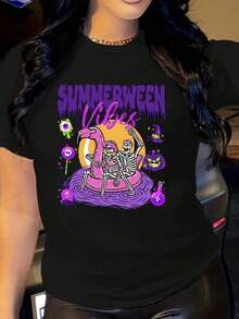 ropa de mujerSummerween Shirt, Camisetas de mujer Summerween, Camiseta divertida con vibraciones de verano, Camiseta con vibraciones de playa, Camiseta de flamenco espeluznante de Halloween, Camisetas de mujer - Negro - Ver 1
