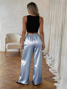 1pc Solid Color Drawstring Pocket Pants, Suitable For Home, Daily Wear, Holidays, Singles Party, Satin, All Seasons Spring - Sky Blue - View 7