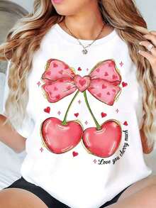 Camiseta de Mujer con Cuello Redondo, Estampado de Corazón de Cereza y Lazo, Diseño Gráfico 'Love You Cherry Much', Top Casual de Verano, g - Blanco - Ver 1