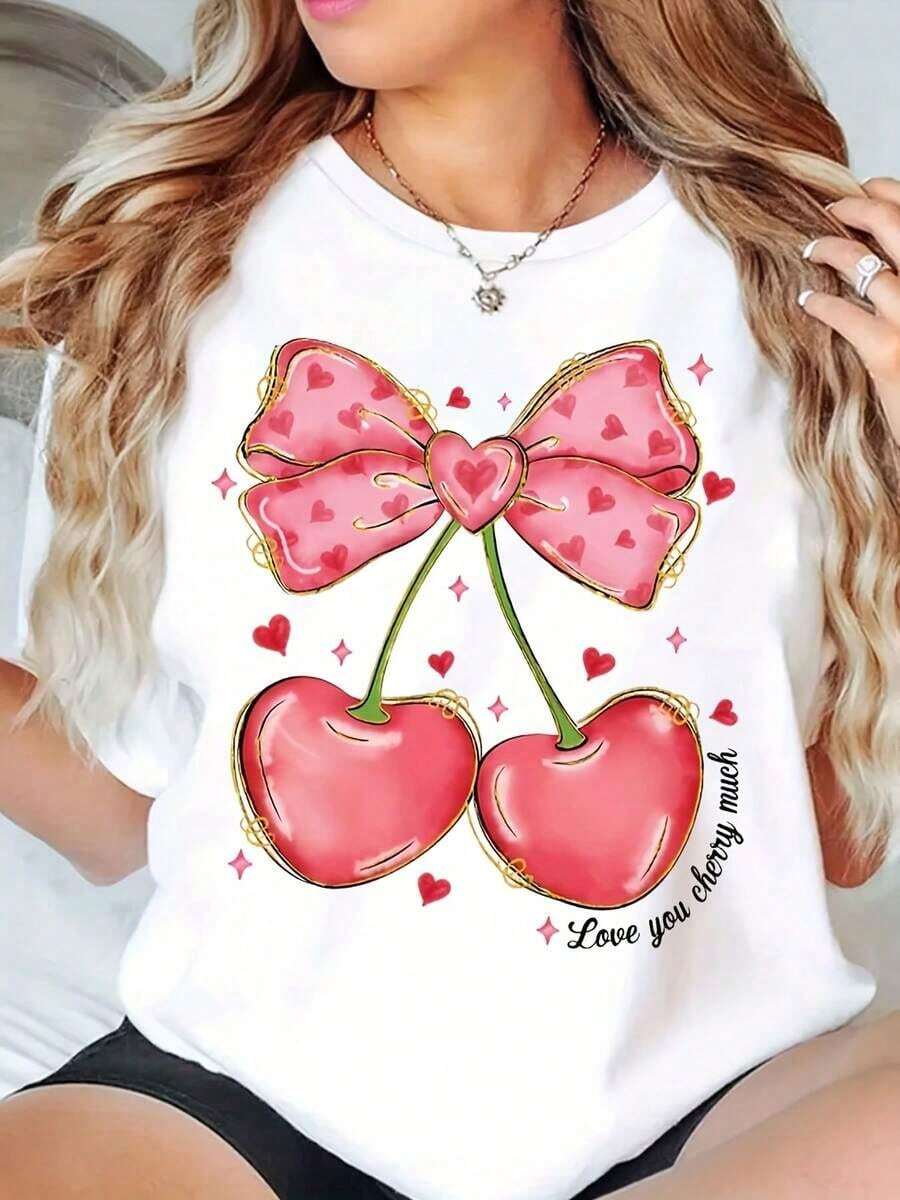 Camiseta de Mujer con Cuello Redondo, Estampado de Corazón de Cereza y Lazo, Diseño Gráfico 'Love You Cherry Much', Top Casual de Verano, g - Blanco - Ver 1