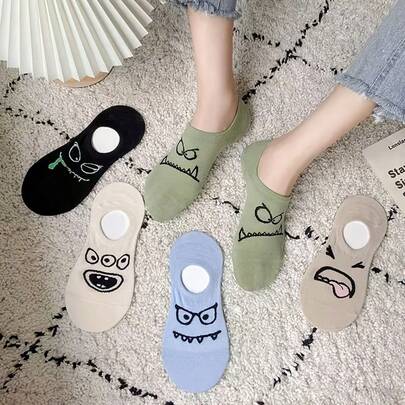 5 Pairs Funny Face Cute Cartoon Ins Style Women's Thin Ankle Socks, Non-Slip Breathable Summer Shallow Mouth Boat Socks