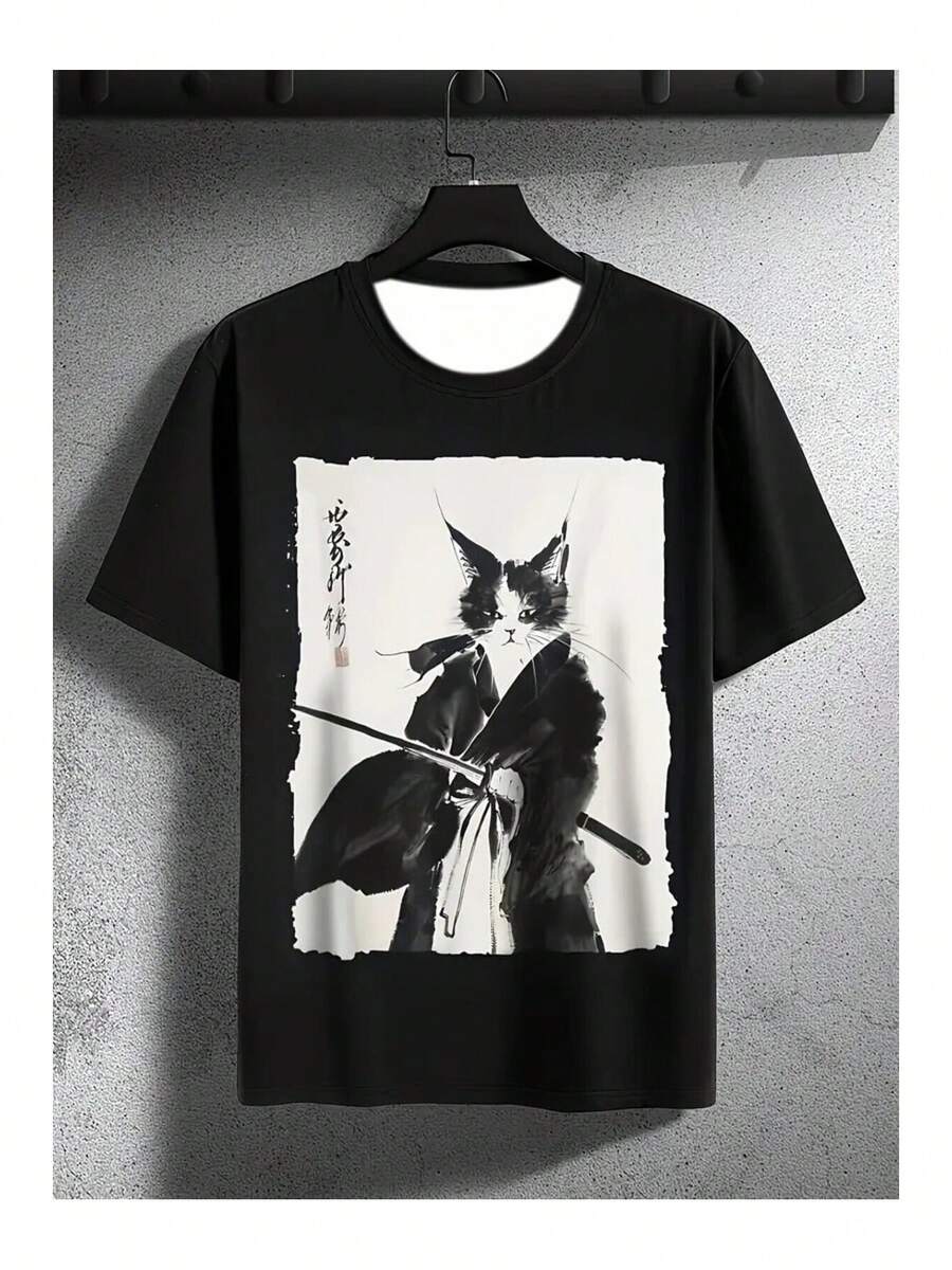 Black T-Shirt With Samurai Cat Print, Loose And Comfortable - Back - View 1