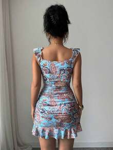 Vestido con estampado floral, volantes y bajo sexy para mujer - Azul - Ver 2